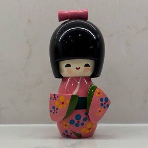 Pink Kokeshi Doll with Colourful Floral Design Japanese Hand Painted Flowers